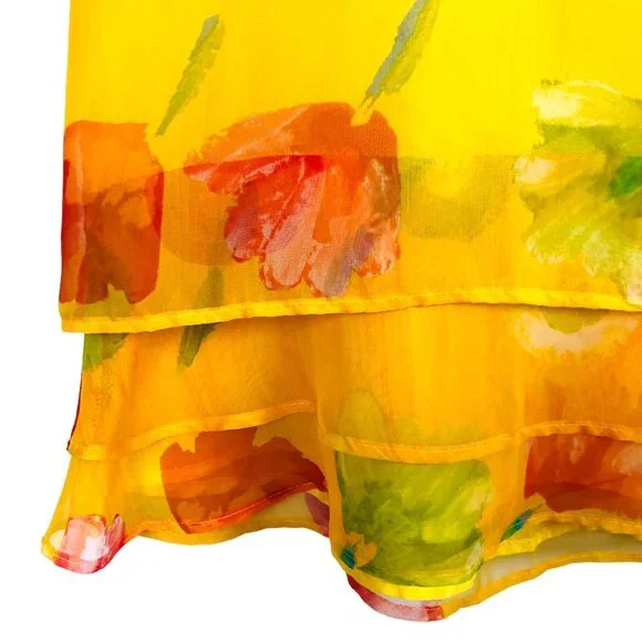 Vtg Byer Studio Women's Sheer Dress Size 14 Floral Print Yellow 3-Tiered Hem - Picture 11 of 12